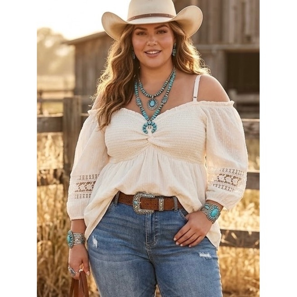 Torrid Ivory Smocked Cold Shoulder Crochet Lace Twist Front Dobby Top 2 Plus